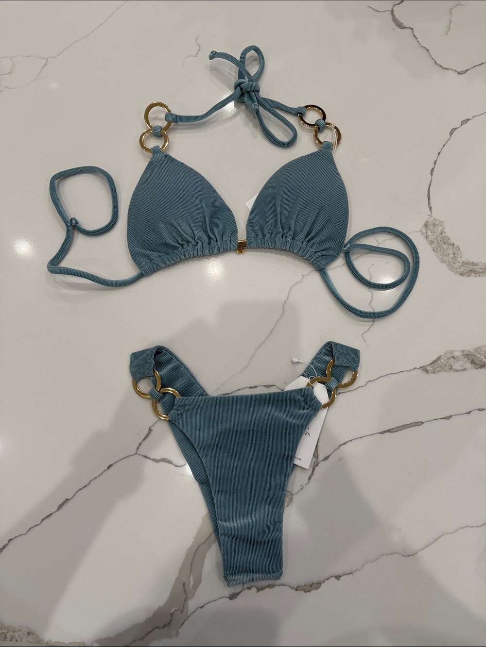 Gold-Ring Triangle Bikini Set in Dusty Blue